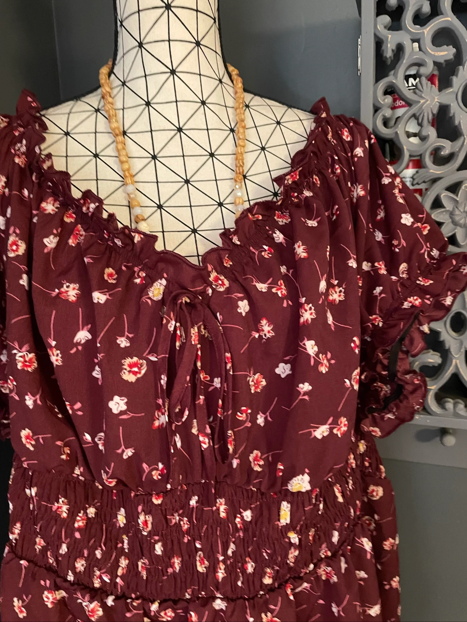 💖 bordeaux bloemenjurk grote maat 50 vloeiende bohemien romantische pofmouwen 💖 – photo 5